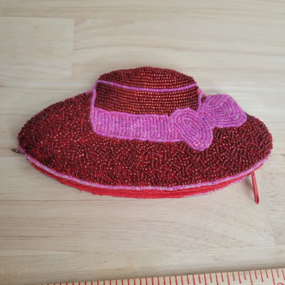 Red Beaded Coin Purse Fashionable Hat Small Bag Red Hat Society Gift Pink Ribbon
